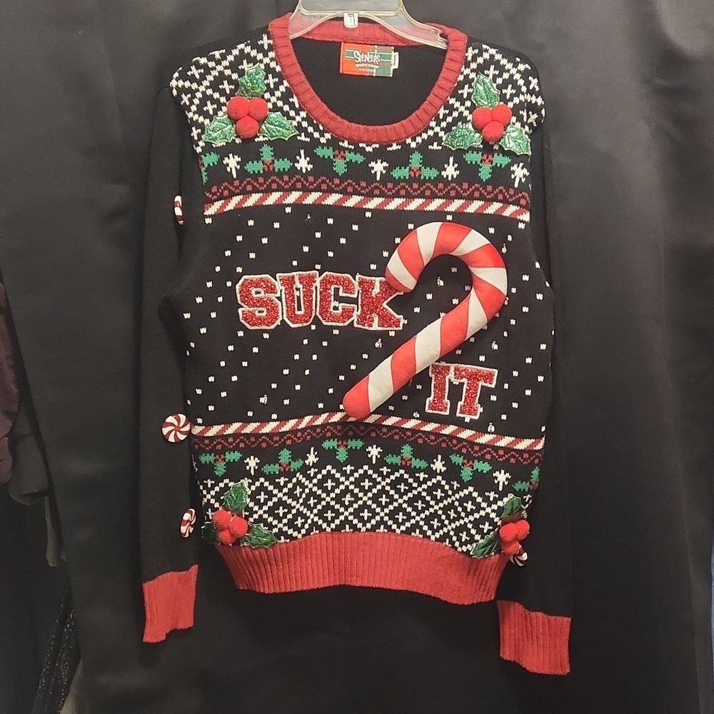 SPENCERS NOVELTY CRUDE UGLY SUCK IT CHRISTMAS SWEATER. SIZE MED